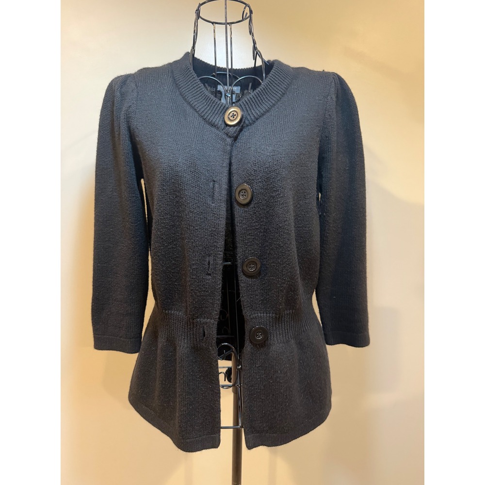 Black Peplum Knit Cardigan Sweater Puff Shoulder‎ 3/4 Sleeve Button Front